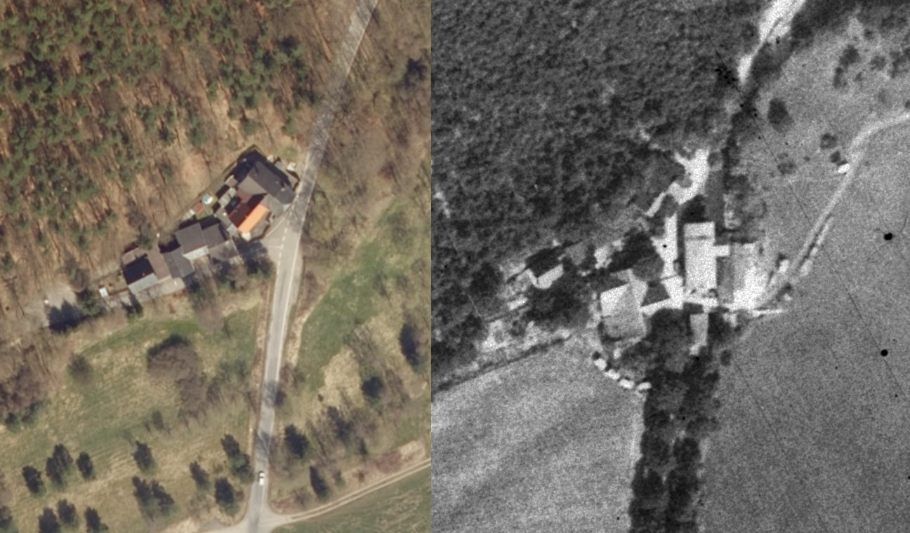 Luftbilder der Bergmühle: 2018 und 1944